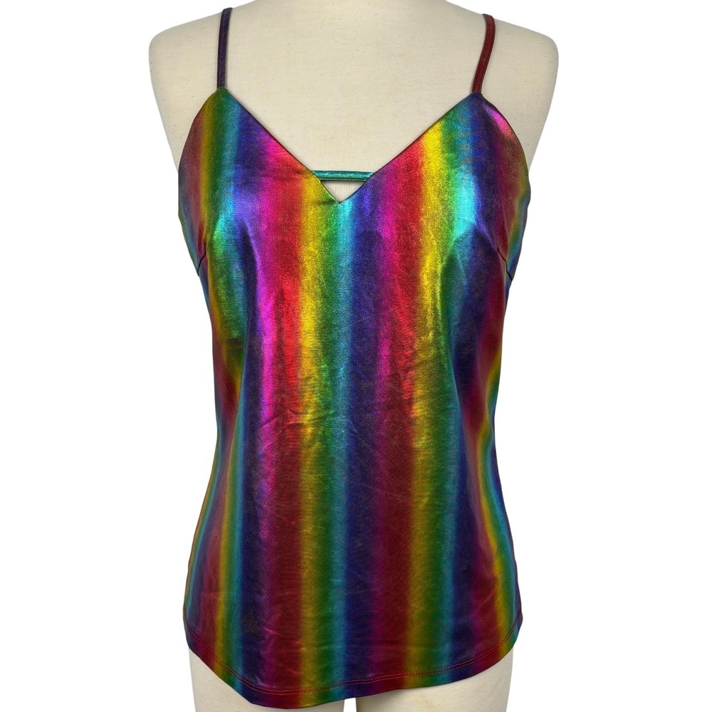 Allegra K Rainbow Metallic Cami‎ Tank Top Adjustable Straps Festival Size S